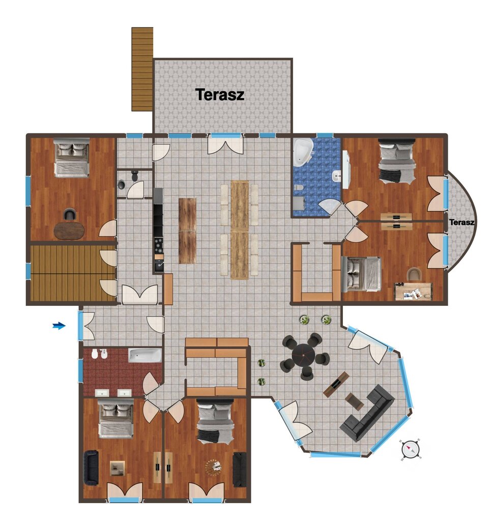 A ház 192 m²-es földszinti alaprajza