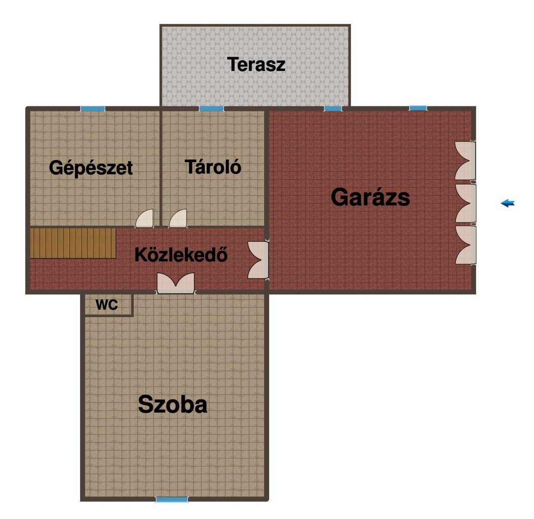 A pinceszint garázst és kiszolgáló tereket mutató alaprajza